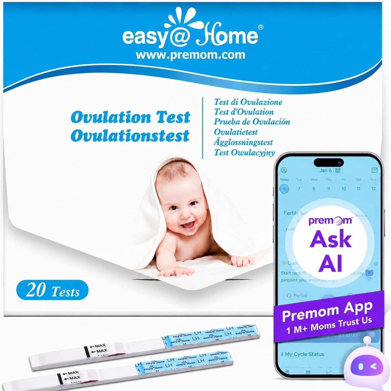 Ovulation Fertility Test Kit, 20 LH Strips | Powered by Premom Ovulation Tracker App, Ovulation Predictor Kit