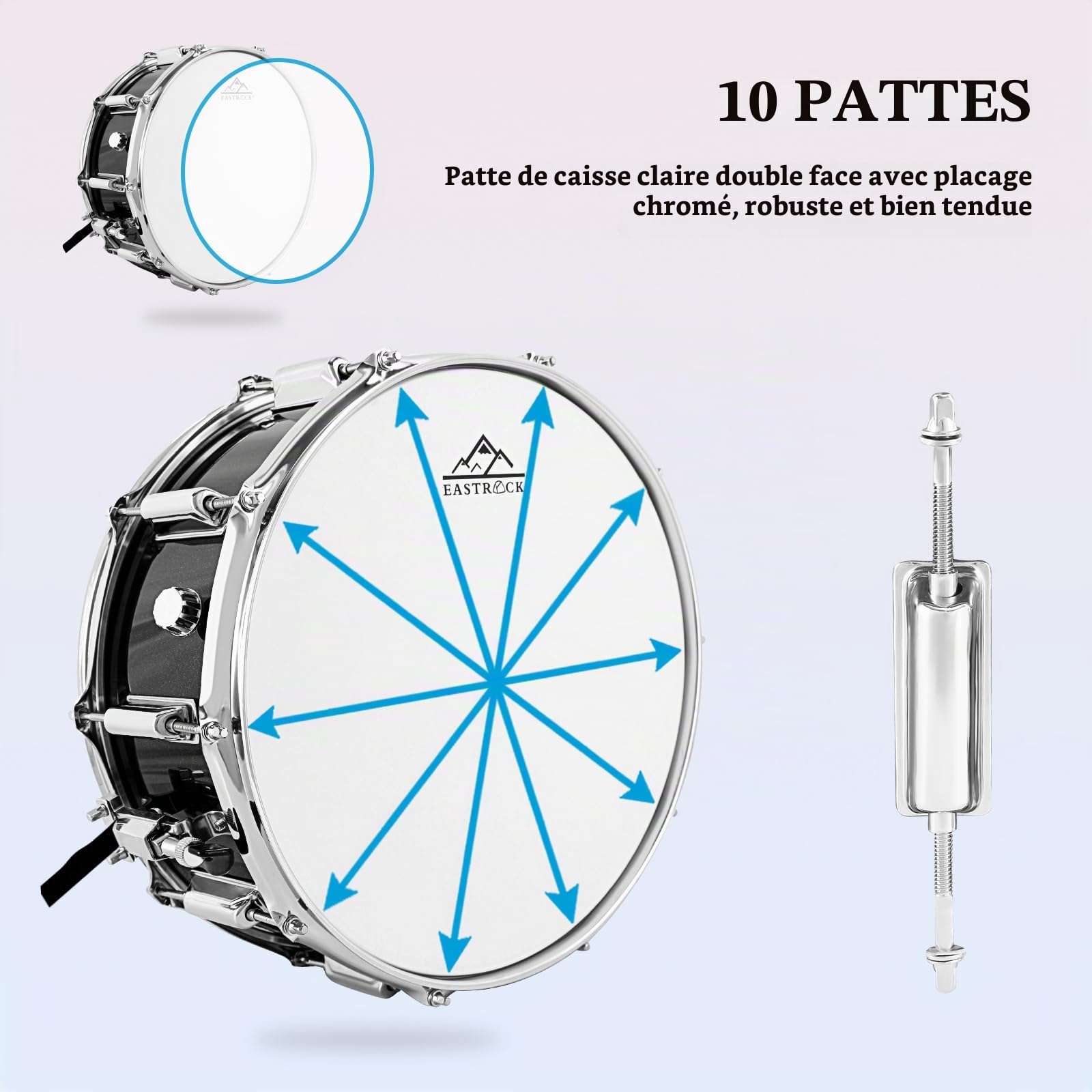 EASTROCK Caisse claire 35,6 x 14 cm pour étudiants, débutants avec sac de transport, baguettes, clé de batterie, Noir