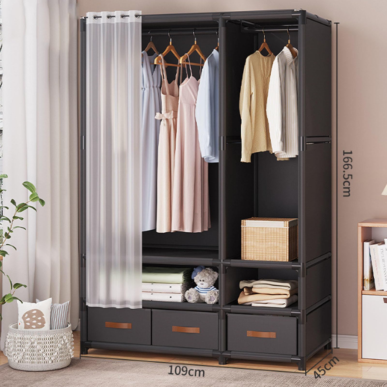 Tragbarer Kleiderschrank aus Segeltuch für Schlafzimmer mit Regalen und Schublade – Aufbewahrungslösung für Kleidung, Taschen und Stoff – Kleiderschrank-Organizer für kleine Räume