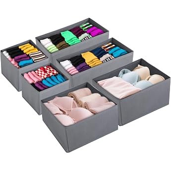 Drawer Organiser Set of 6 - 3 Sizes Foldable Storage Boxes with Reinforced Base - Wardrobe Organiser for Underwear Socks Bras & Accessories - Breathable Grey Grey