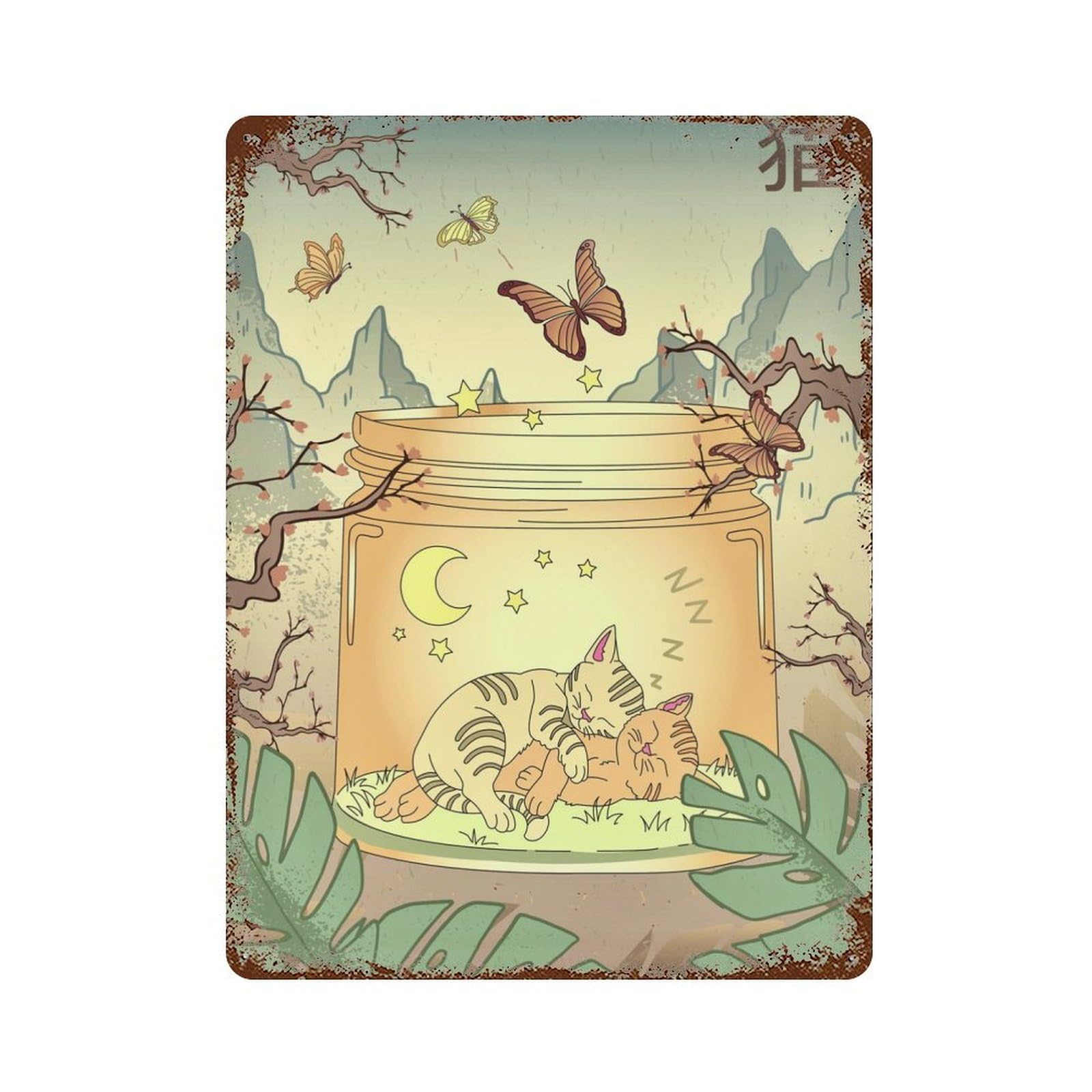 Decorative Tin Sign with Edo Japanese Asian Kitten Design 15.7"x11.8", for Garage, Bar And Workshop Decor, Farmhouse Wall Decor