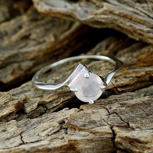 Miniatura 5 de Piedras preciosas reales forma redonda Cabujón de una piedra Anillos de cuarzo rosa-Plata sólida Anillo de cuarzo rosa rosa-mayo nacimiento Tauro