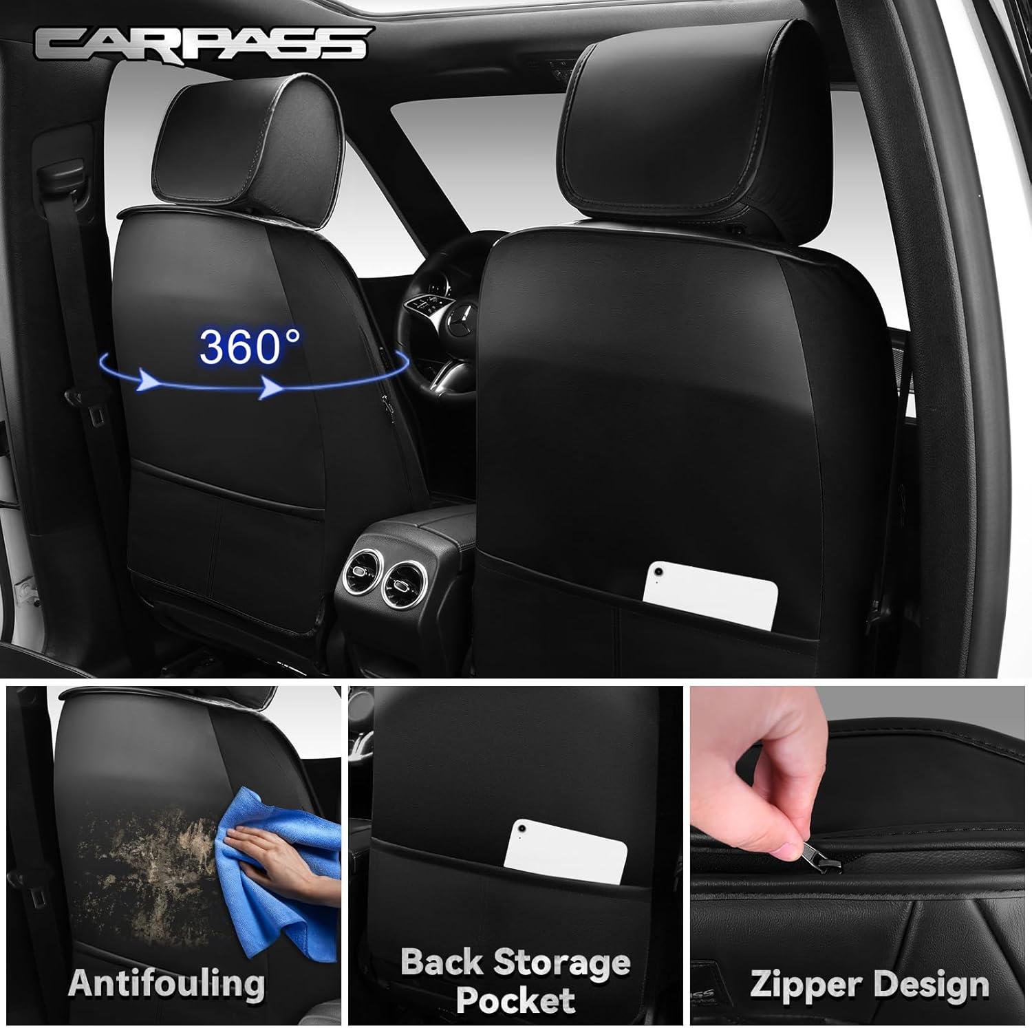 CAR PASS Luxury Nappa Leather Front Seat Covers, Waterproof Lumbar Support Seat Covers, Universal Anti Slip Seat Cushion Fit for Most Sedan SUV Truck Van, Armrest Airbag Compatible Rhomb Pure Black