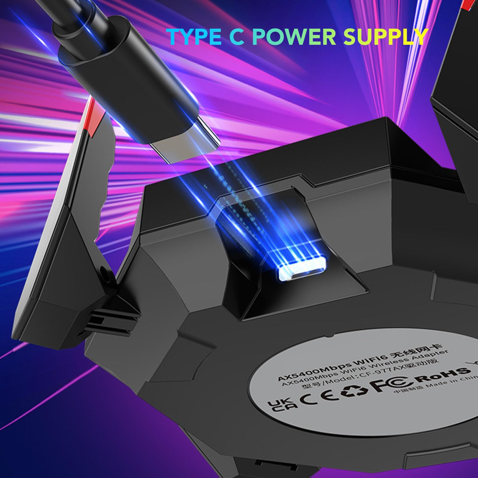 Scheda di Rete AX5400, Adattatore per Scheda di Rete Desktop USB Tipo C a 3 Bande, Adattatore per Scheda di Rete Esterna Ad Alta velocità 5374Mbps con 4 Antenne, per 10 11