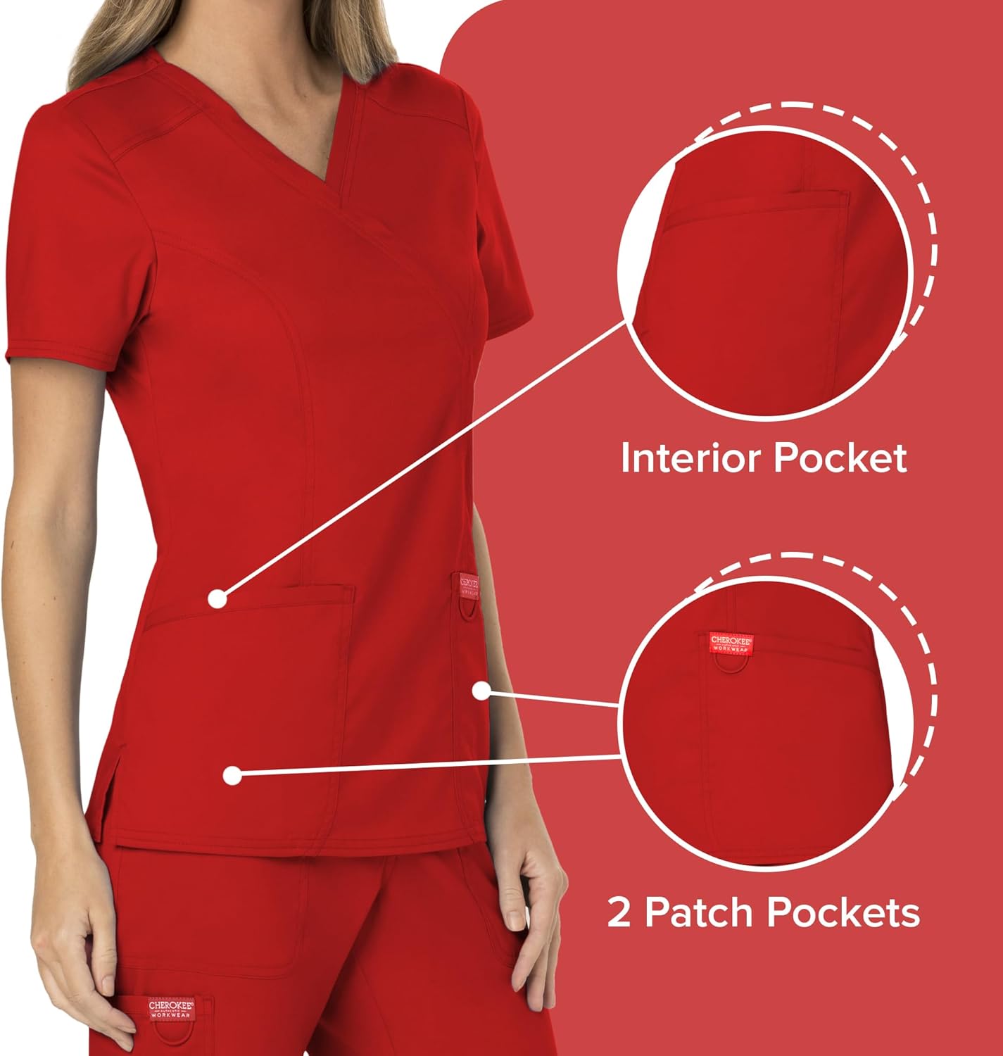 Cherokee Scrubs for Women Mock Wrap Top with 3 Pocket, Back Princess Seams WW610 X-Small Red