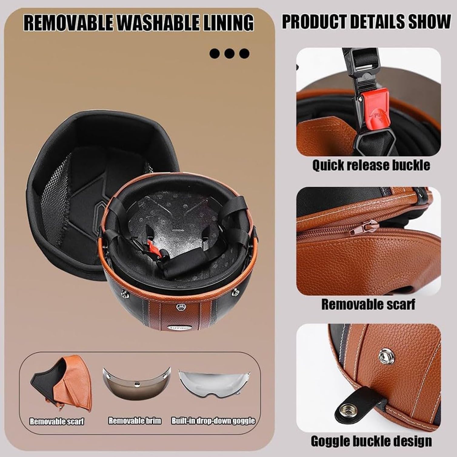 Kask motocyklowy w stylu niemieckim Skórzany kask motocyklowy z otwartą twarzą i goglami Zatwierdzony przez DOTECE Kask z półskorupą dla dorosłych Mężczyźni Kobiety