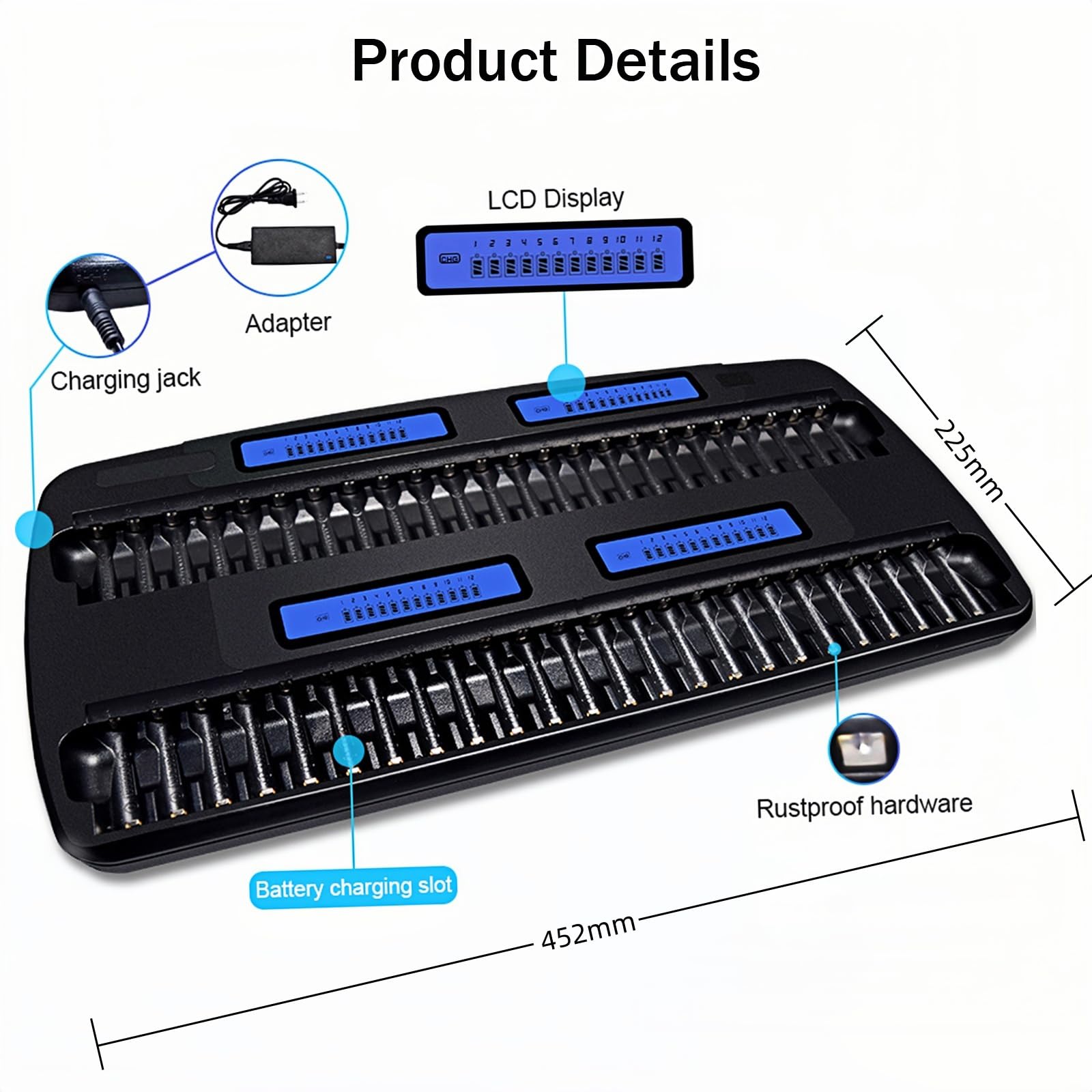 CITYORK 48 Bay AA AAA Large Multiple Battery Charger LCD Display for 1.2V AA/AAA NiMH/NiCd Rechargeable Batteries with Built-in IC Protection & AC Wall Adapter
