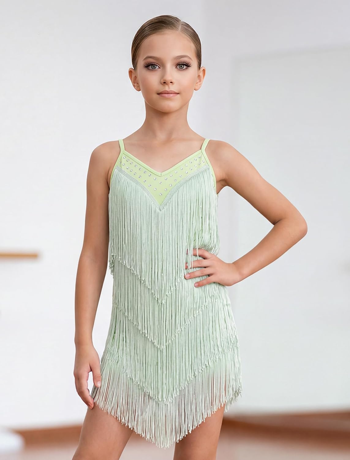 IWEMEK Rhinestone Fringe Tassel Latin Dance Dress for Girls Fringe Bodysuit 1920s Flapper Salsa Jazz Ballroom Dance Outfits