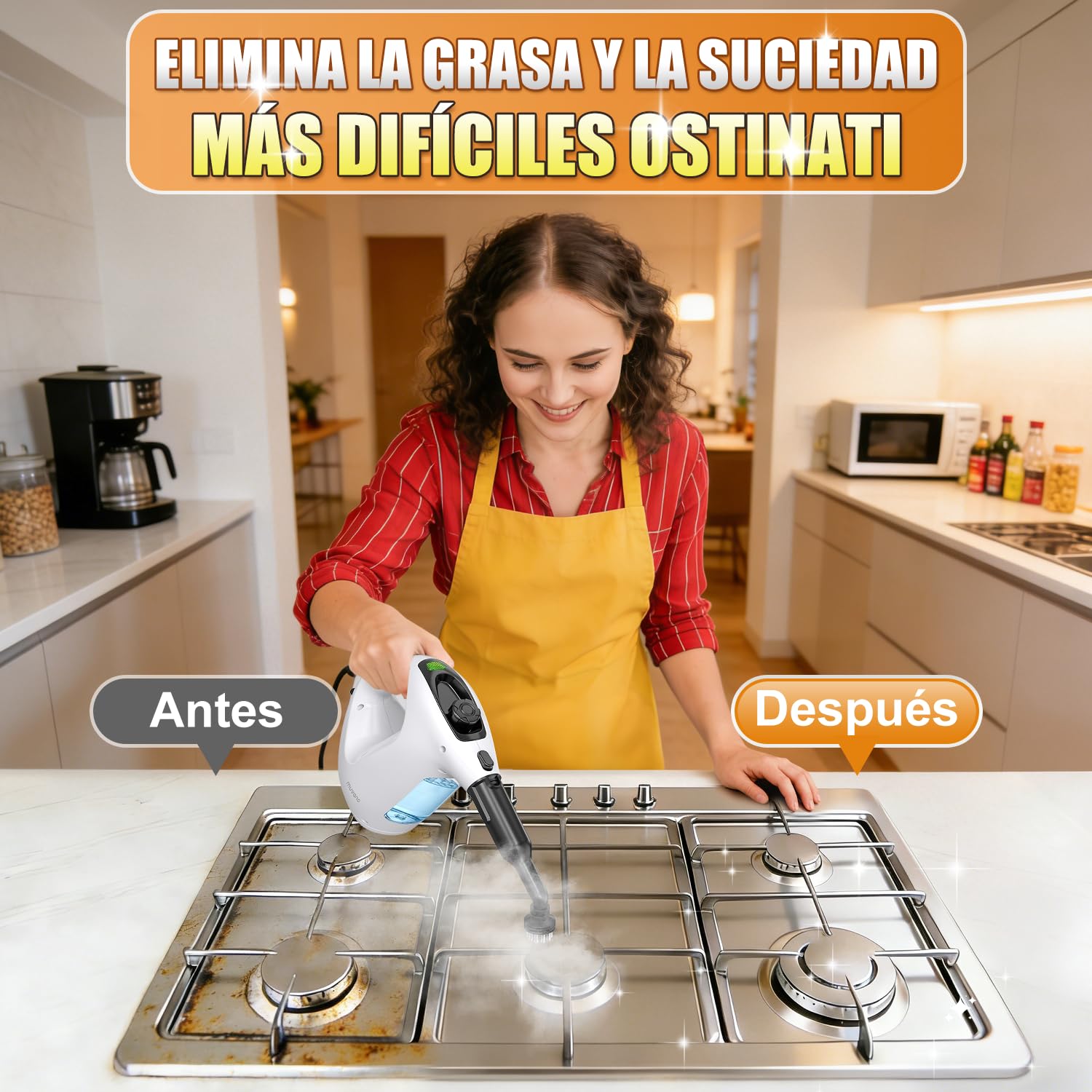 Limpiador a vapor de mano, tanque de agua visible de 450 ml; limpiador a vapor multiusos para cocina