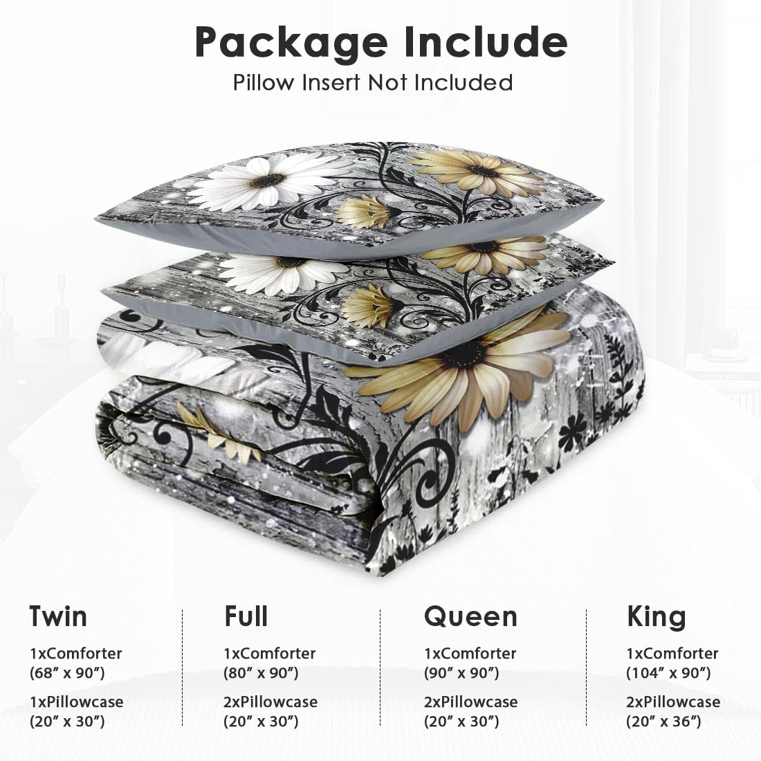 WeCozy 3 Pcs Queen Size Comforter Set with 2 Pillowcases, Daisy Butterfly Farmhouse Soft Bedding for Kids and Adults, Rustic Floral Retro Comforter Set for Room Bedroom Bed Decor