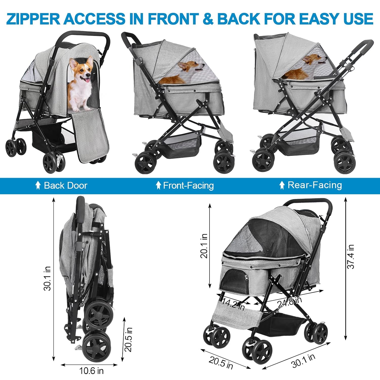 Lightweight Dog Stroller with Reversible Handle for Medium Small Dogs and Cats, Foldable Pet Stroller Travel Carriage with Large Storage Basket, 4 Wheels, Linen Gray