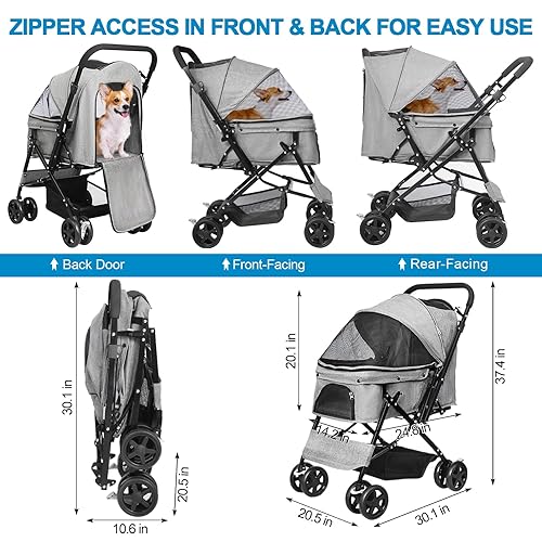 Miniatura 6 de Cochecito ligero para perros y gatos pequeños y medianos, con asa reversible, plegable para mascotas, con cesta de almacenamiento grande, 4 ruedas,