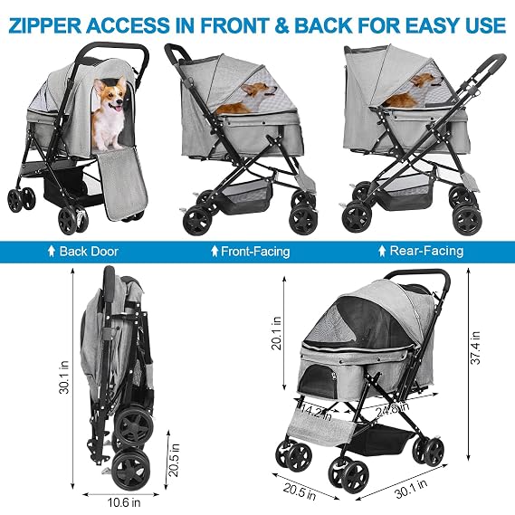 Pet Stroller with Reversible Handle for Dogs, Up to 44 lb, Gray | Foldable with 2 Safety Tethers, Bottom Storage Basket, 5.5-Inch Swivel Front Wheels, Rear Brakes, Mesh Canopy and Dual Entry