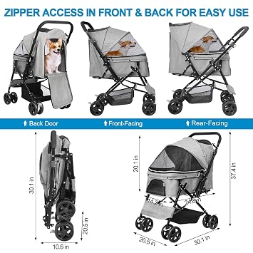 Pet Stroller with Reversible Handle for Dogs, Up to 44 lb, Gray | Foldable with 2 Safety Tethers, Bottom Storage Basket, 5.5-Inch Swivel Front Wheels, Rear Brakes, Mesh Canopy and Dual Entry