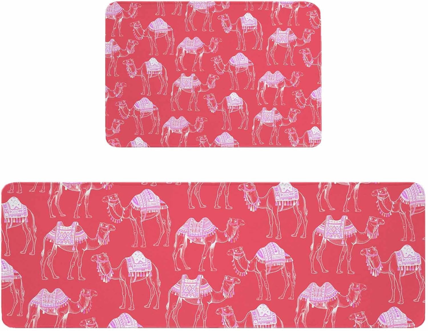 Desert Camel Kitchen Rugs and Mats Set of 2, Non-Slip Kitchen Sink Mat, Summer Sand Camel Animal Vintage Pink Washable Doormat Bathroom Rugs Runner for Bedroom/Living Room 19.7"x23.6"+19.7"x47.2"