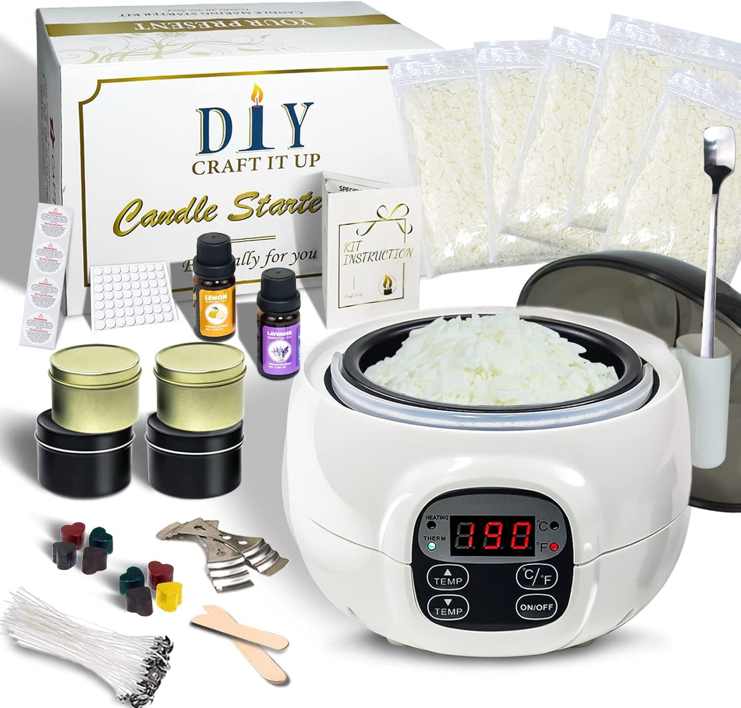 Candles Making Kit for Adult, DIY Soy Wax Candle Making Supplies Automatic Wax Warmer Control Melting Wax Pot with Beeswax Color Blocks Candle Tins Wicks Essential Oil Gift for Craft Women Beginners
