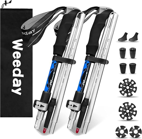 Weeday トレッキングポール 5 段折りたたみ式登山杖 100-130cm調整可能 2 本セット【収納 32cm 超軽量 250g】5種類アクセサリー10 個付き 登山用ストック ウォーキングポール 日本語説明書 専用収納袋付き 山登りハイキング 雪上冬道 男性 女性 高齢者 - 1