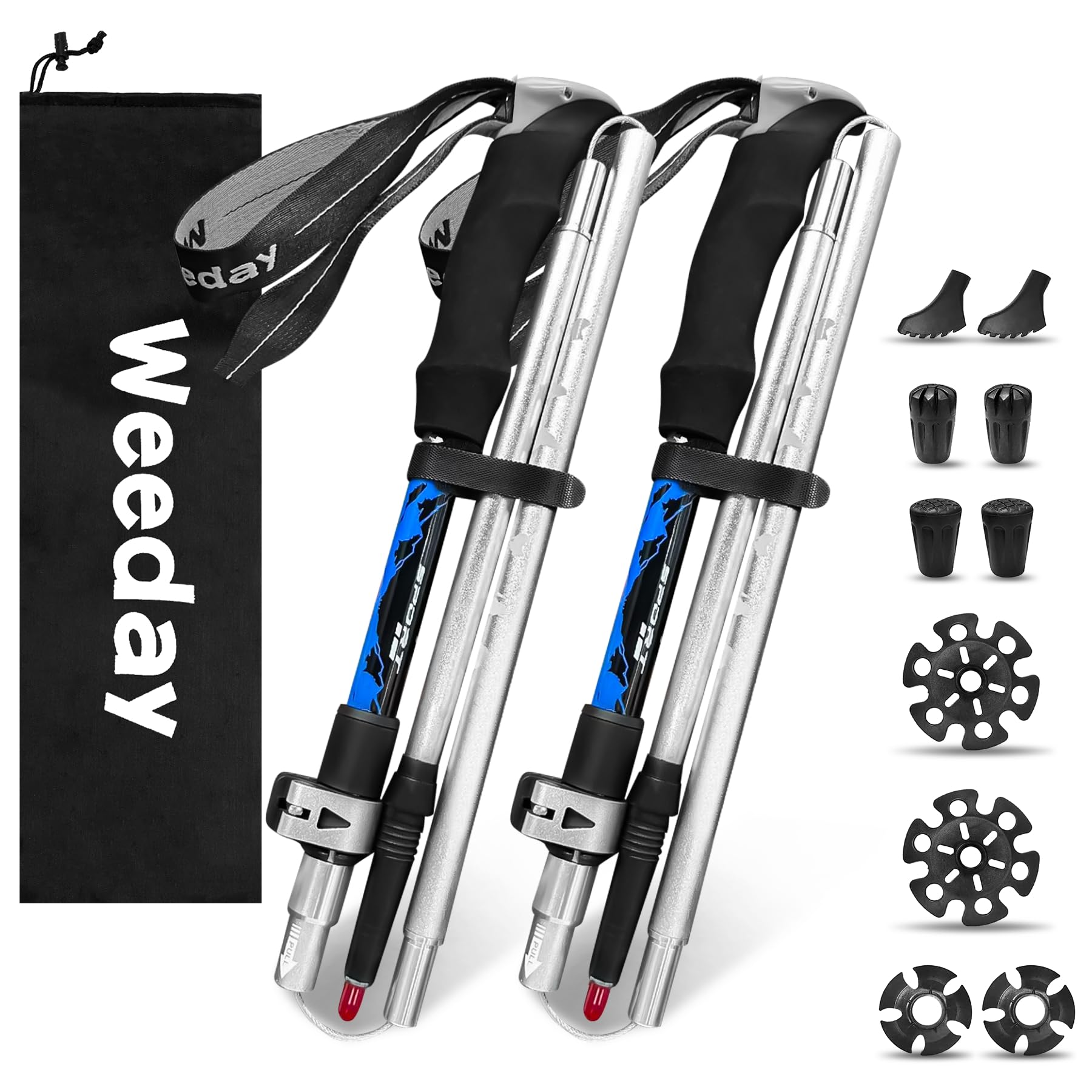 Weeday トレッキングポール 5 段折りたたみ式登山杖 100-130cm調整可能 2 本セット【収納 32cm 超軽量 250g】5種類アクセサリー10 個付き 登山用ストック ウォーキングポール 日本語説明書 専用収納袋付き 山登りハイキング 雪上冬道 男性 女性 高齢者
