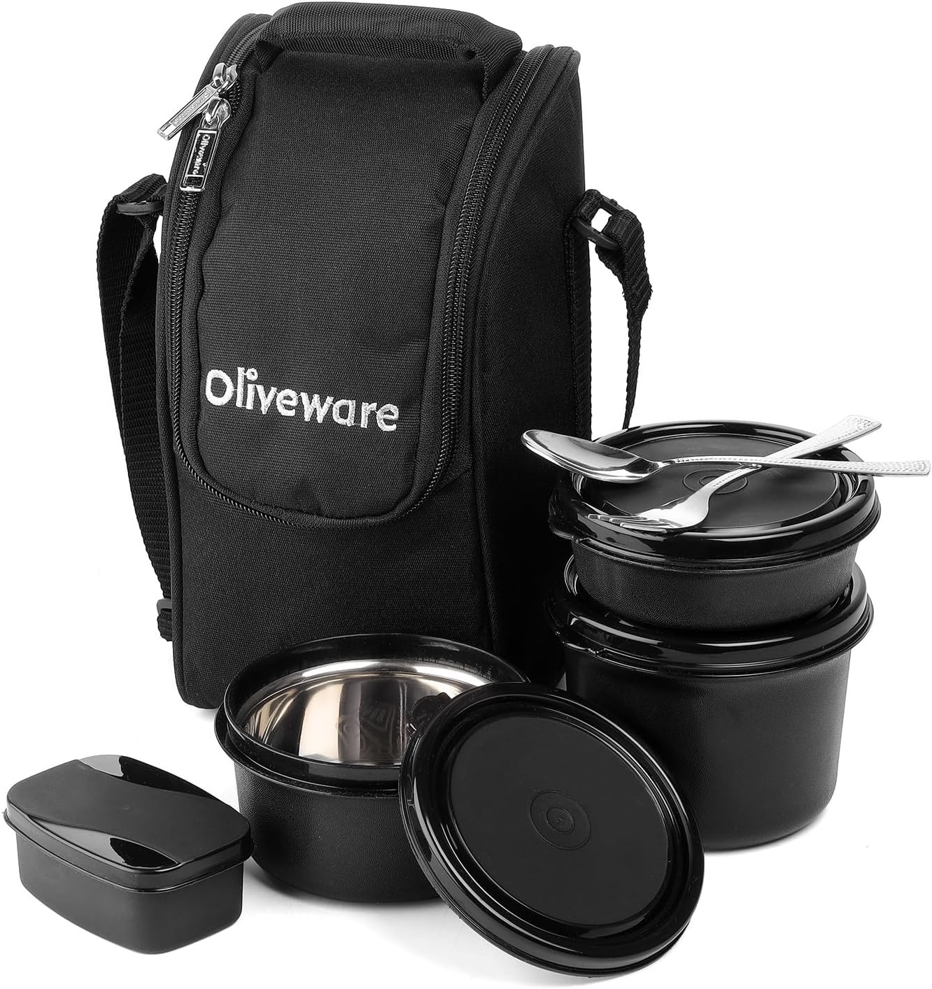 Executive Lunch Box, Microwave Safe, 3 Inside Steel Container with BPA Free Lids (290ml, 450ml, 600ml, Plastic Pickle Box (130ml) & Steel Cutlery - Black