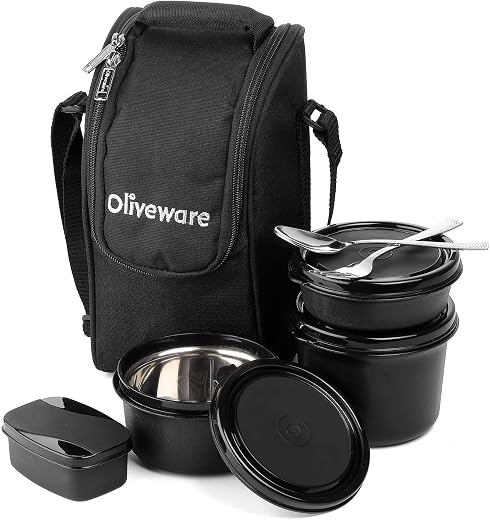 SOPL-OLIVEWARE Executive Lunch Box, Microwave Safe, 3 Inside Steel Container with BPA Free Lids (290ml, 450ml, 600ml, Plas...