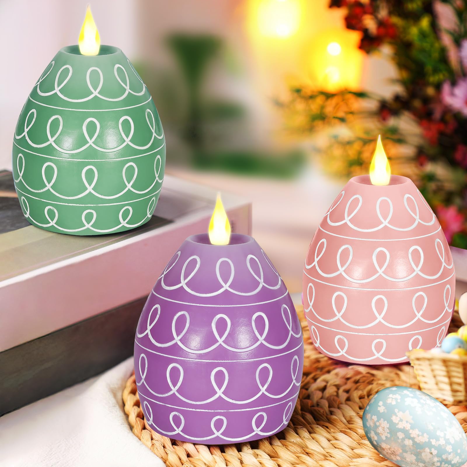 3 PCS Easter Egg Flameless Candles,3 Color Scented Real Wax LED Candle,Egg Shape Flame Candle Set for Party Supplies Home Living Room Bedroom Party Decoration Centerpiece Easter Gifts Home Decor