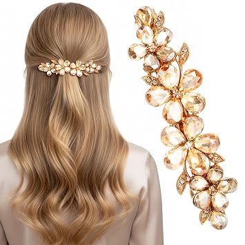 Sparkly Rhinestone Hair Clips for Women, Glitter Gold Diamond Hair Styling Clips Crystal Hairs Barrettes for Wedding, Bride, Long Hairs Gold Flower