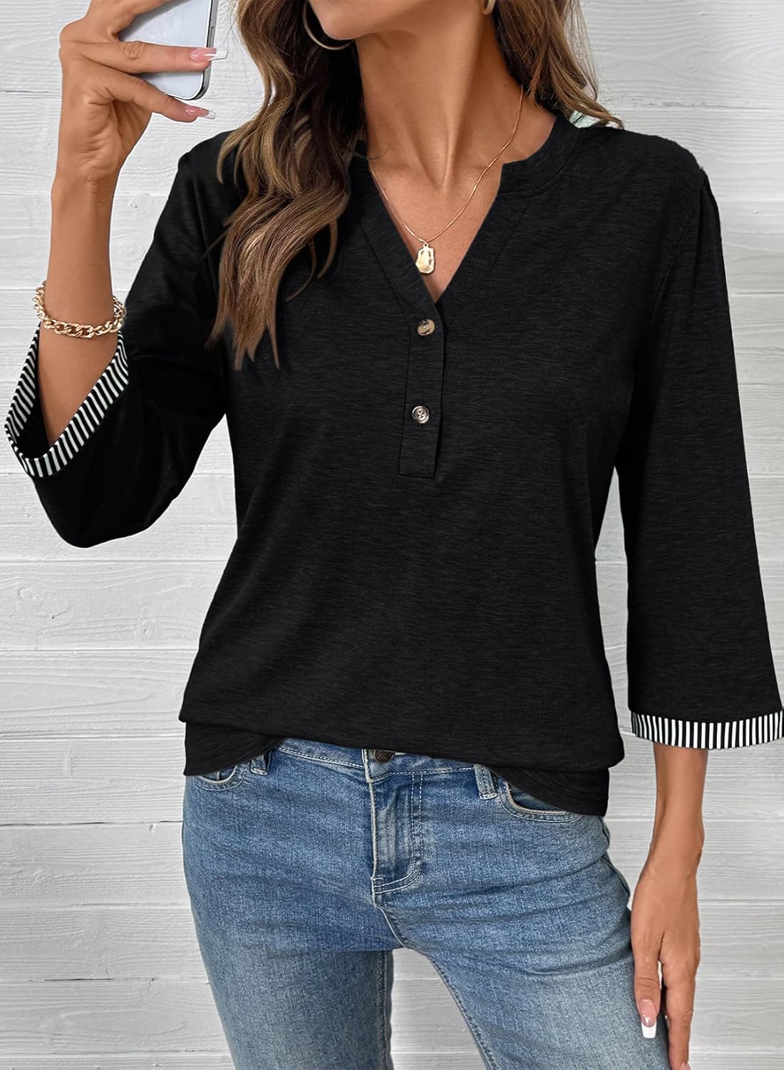 Dokotoo Womens Tops Spring Summer 3/4 Length Sleeve Fashion T-Shirts V Neck Button Down Dressy Casual Loose Basic Tee Blouses - Image 5