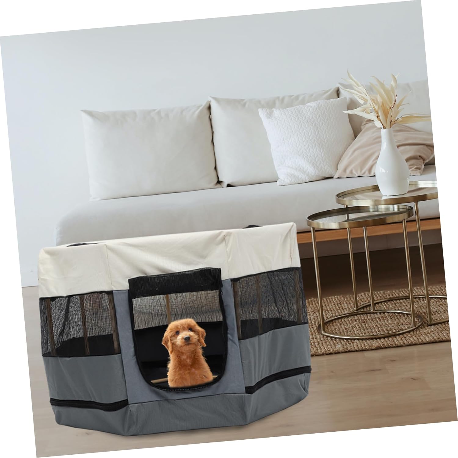 Sosoport Pet Playpen for Cats and Dogs Octagonal Hideout Oxford Cloth Indoor Outdoor Use Compact Design for Animals Beige and Gray