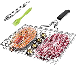 Grill Basket, Stainless Steel Grilling Basket with Portable Removable Handle, Outdoor Camping BBQ Rack for Vegetable, Shrimp, Fish, Steak
