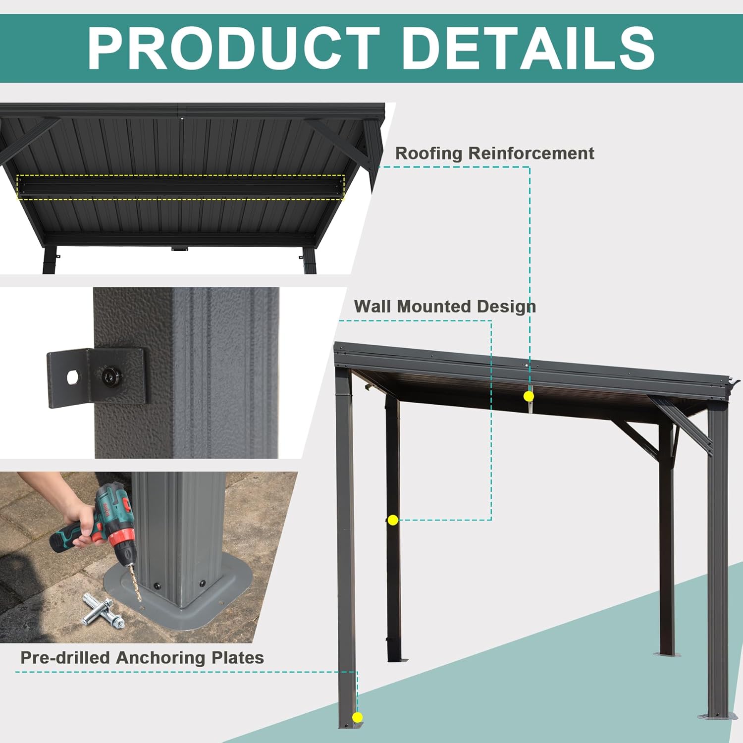 Domi 8’x10’ Lean-to Gazebo, Hardtop Wall-Mounted Gazebo Pergola with Sloping Galvanized Steel Roof and Upgraded Drainage System, Outdoor Permanent Metal Shelters for Patio Backyard Deck, Grey