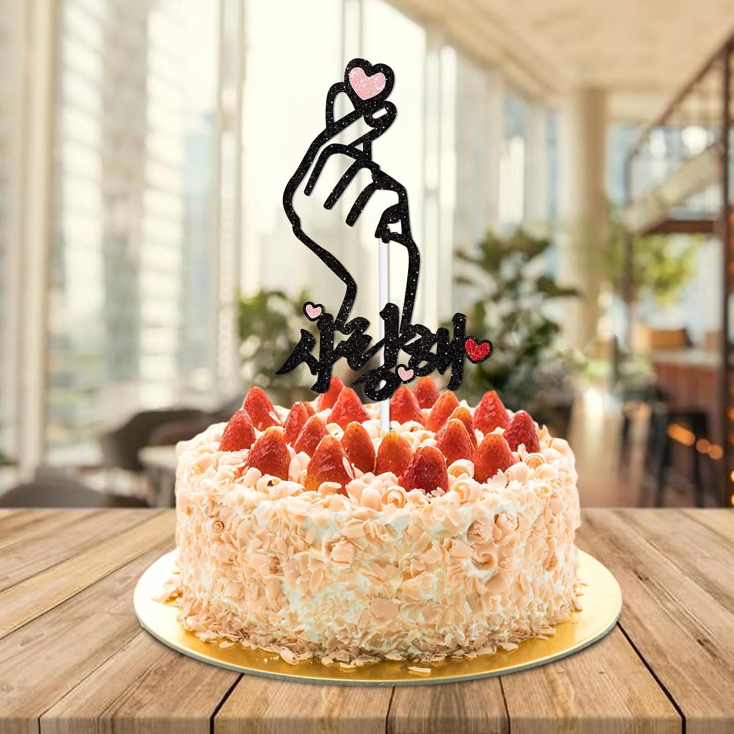 L-Ca-0731 Glitter Korean Saranghae Love You Cake Topper Cheer to Hand Gesture Heart Theme Anniversary Party Decoration for Men Women Happy Birthday Decor Supplies image 5