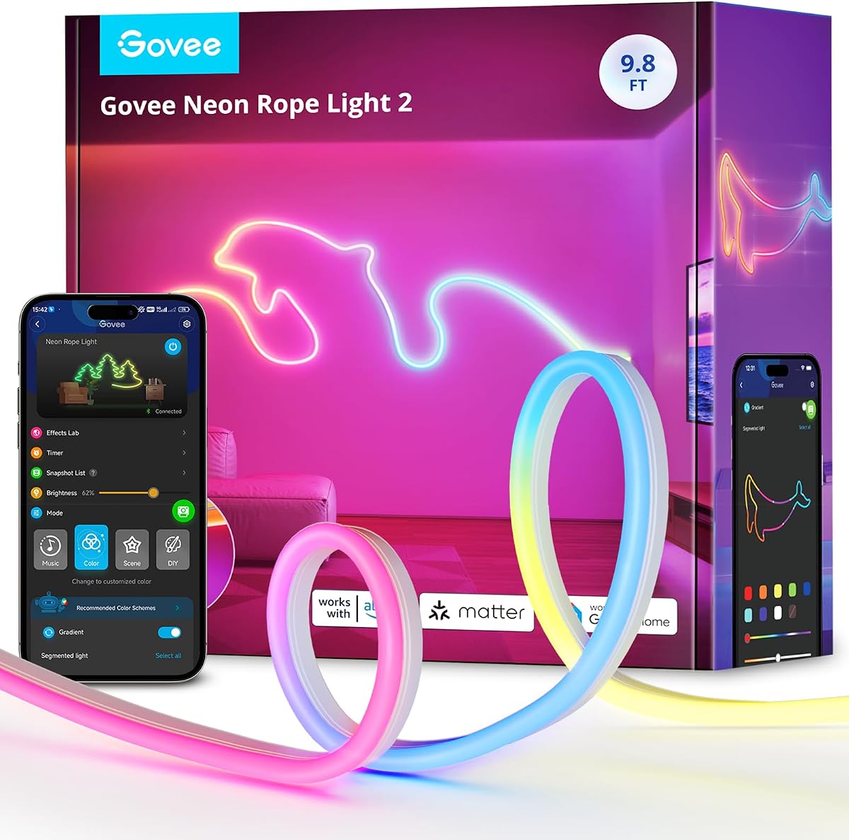 RGBIC Neon Lights 9.8ft Works with Matter, Alexa, Google Assistant | LED Smart Neon Rope Light 2, Custom DIY Neon Strip Lights for Bedroom and Wall Decor, Softer Material, White