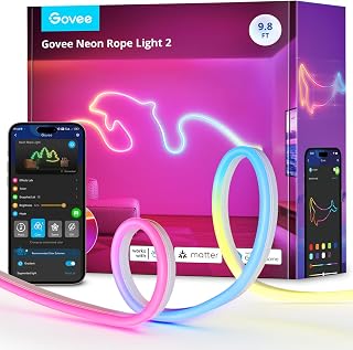 Govee RGBIC Neon Rope Light 2: 9.8ft Smart LED Strip, Matter/Alexa/Google Compatible, Softer Flexible Material, DIY Wall Decor for Bedroom Gaming