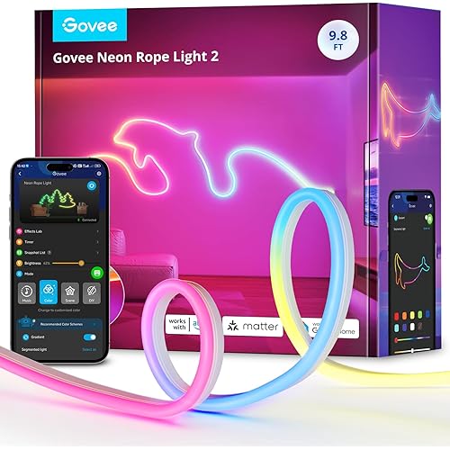 Govee RGBIC Neon Lights, LED Smart Neon Rope Light 2 Works with Matter, Alexa, Google Assistant, Custom DIY Neon Strip Lights for Bedroom and Wall Decor, Softer Material, 9.8ft, White