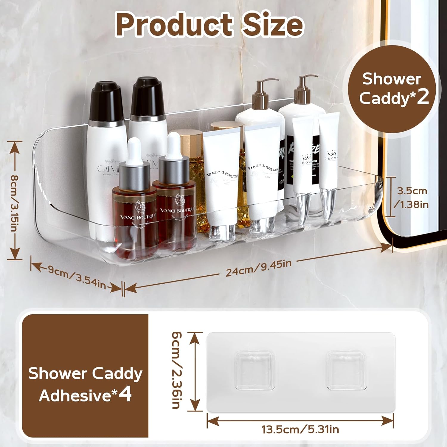 Lsnisni Acrylic Shower Shelves 2 Pack, Adhesive Clear Bathroom Shelf, Plastic Shower Caddy with Self Adhesive Tape, No Drilling, Wall Mounted Shower Organizer for Bathroom Storage & Kitchen - Image 2