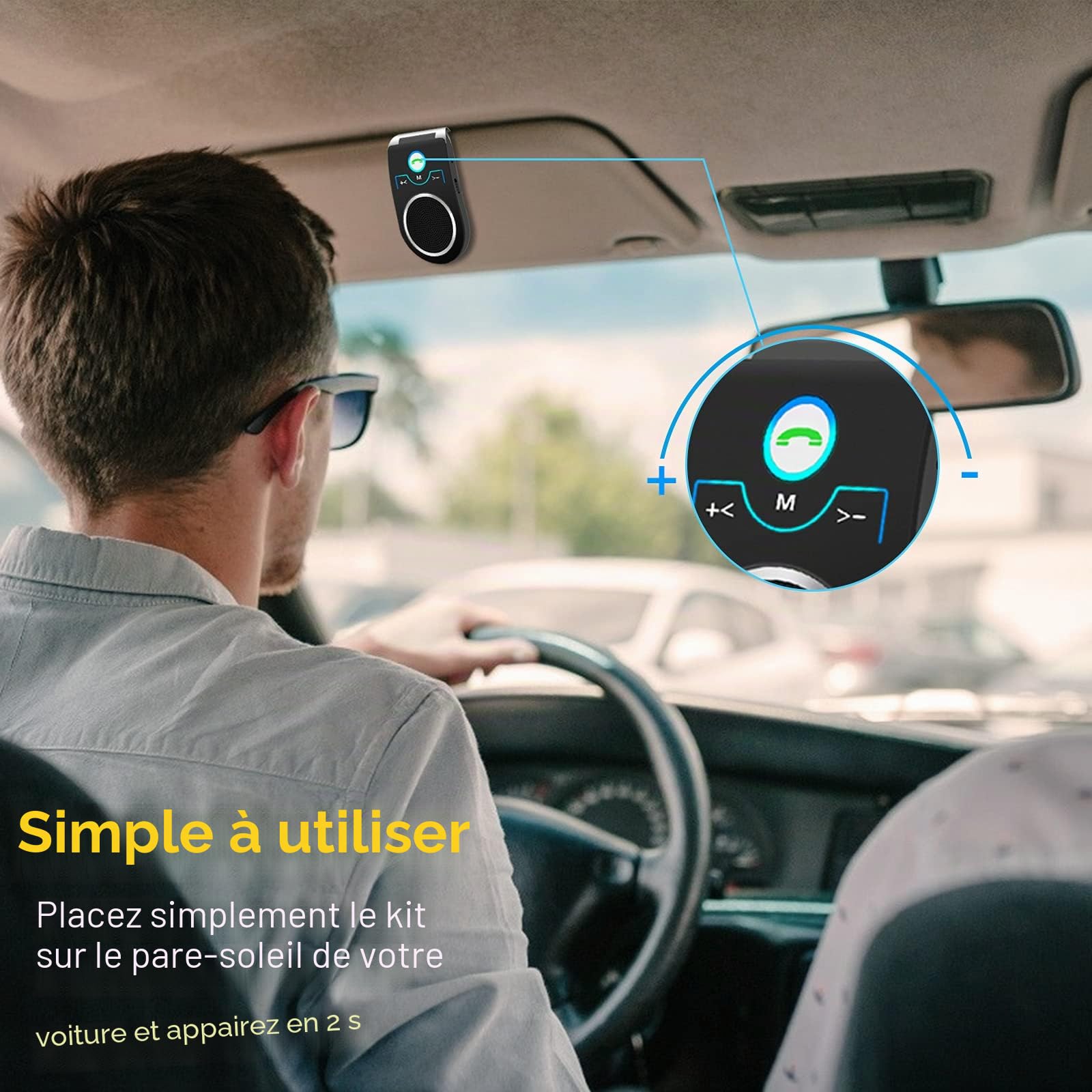 Kit Mains Libres pour Voiture Bluetooth 5.0, Haut-Parleur sans Fil Micro Intégré, Enceinte sans Fil avec Réduction de Bruit,Supporte Siri et Google Assistant pour Téléphone 20Hrs de Conversation