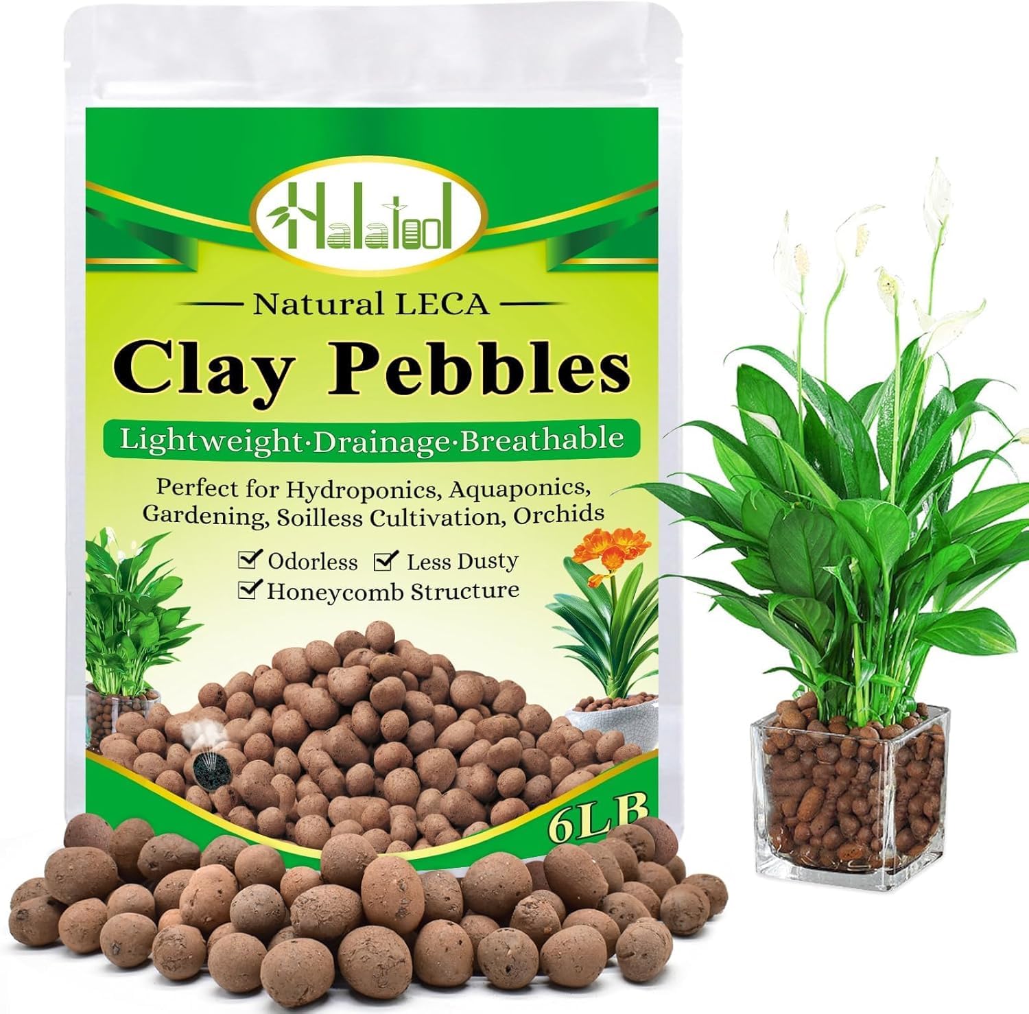 Halatool Guijarros de arcilla orgánica de 6 libras de 4 a 16 mm de leca para plantas 100% natural de arcilla hidropónica para cultivo hidropónico, orquídeas, drenaje, decoración acuapónica