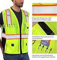 Vista 2 de Dib Safety - Chaleco reflectante amarillo de malla, chaleco de alta visibilidad con bolsillos y cremallera, clase 2 ANSI de alta resistencia, hecho