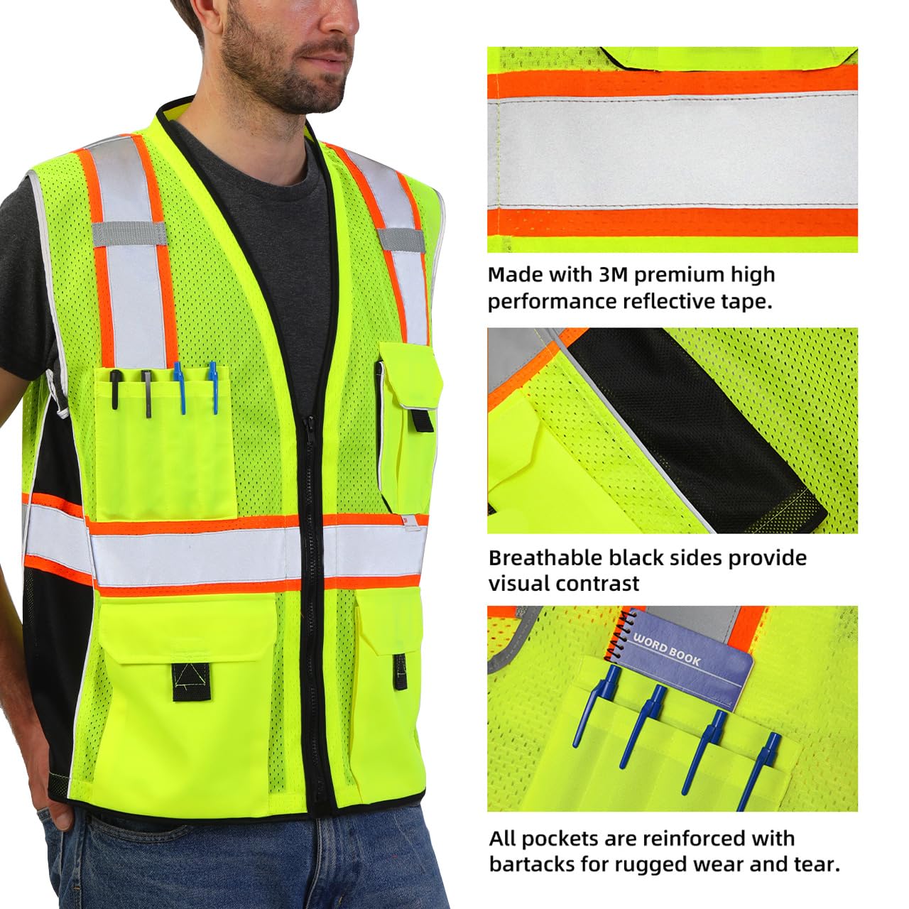 Dib Safety Chaleco reflectante con bolsillos de malla, cremallera con cinta adhesiva 3M.