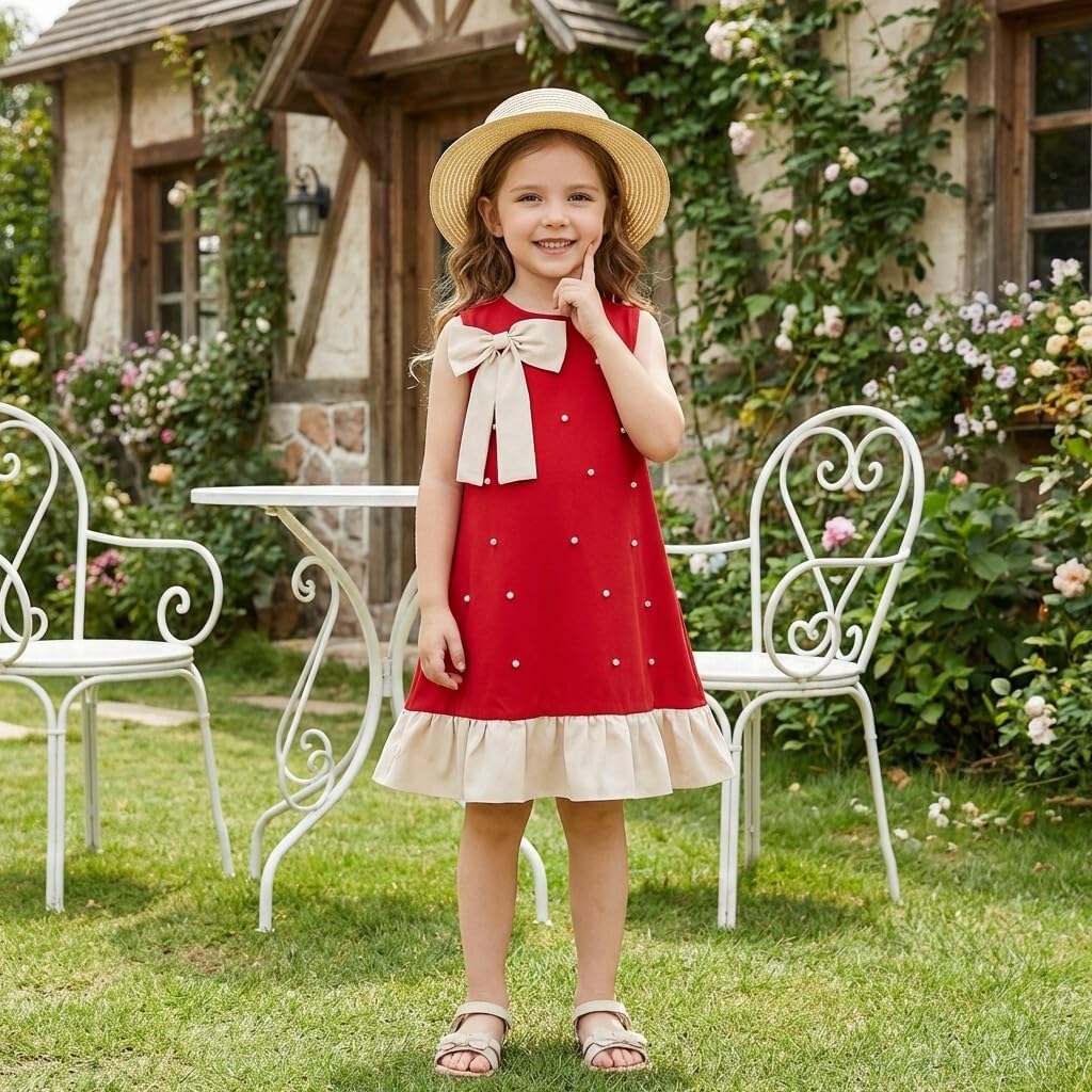 Girls Summer Sundress Ruffle Bowknot A-Line Casual Birthday Party Dress for Little Kids 5-12 Y