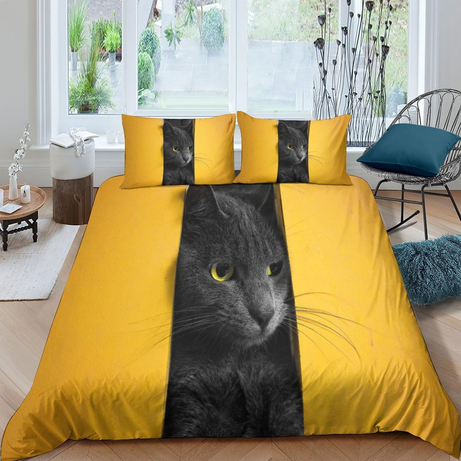 Ctjqhvkz Style-4 3D Printed Yellow Black Cat Fitted Sheet Microfiber Soft Mattress Cover With Realistic Cat Face For Bedroom Dorm Decor Single（135X200cm）