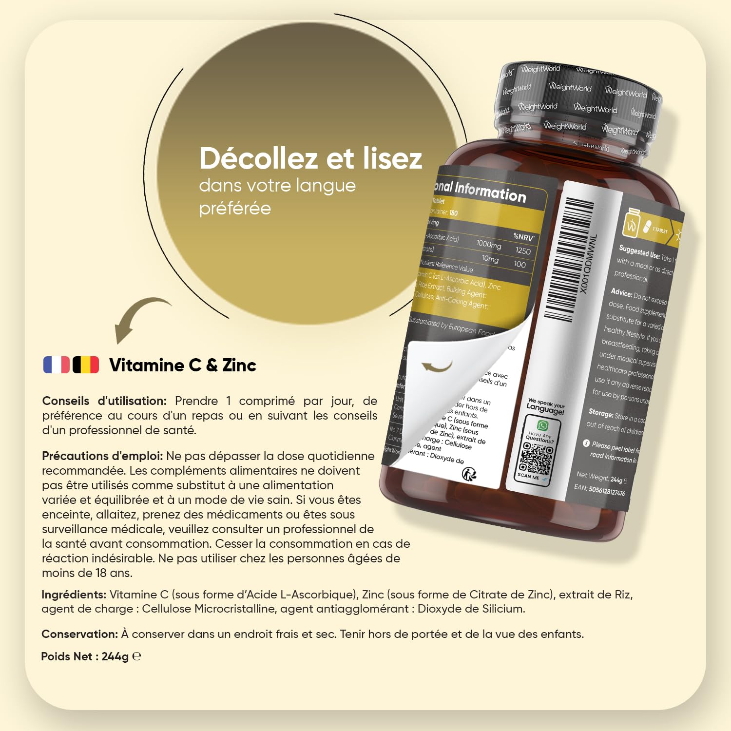 Vitamine C 1000mg avec Citrate de Zinc, 180 Comprimés Vegan Sécables pour 6 Mois d'Approvisionnement, Vit C Acide Ascorbique avec Zinc, Vitamines Adultes sans Stéarate de Magnésium