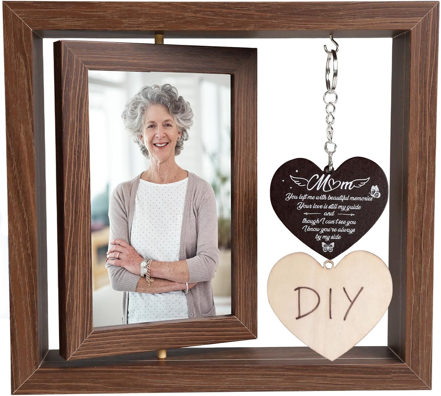 Memorial Gifts for Loss of Mom, Memorial Picture Frame, Rotating Memory Frame with 2 Heart Pendants, Wooden Bereavement Sympathy Gifts for Loss of Mother, Fits 4x6 Inch Photo