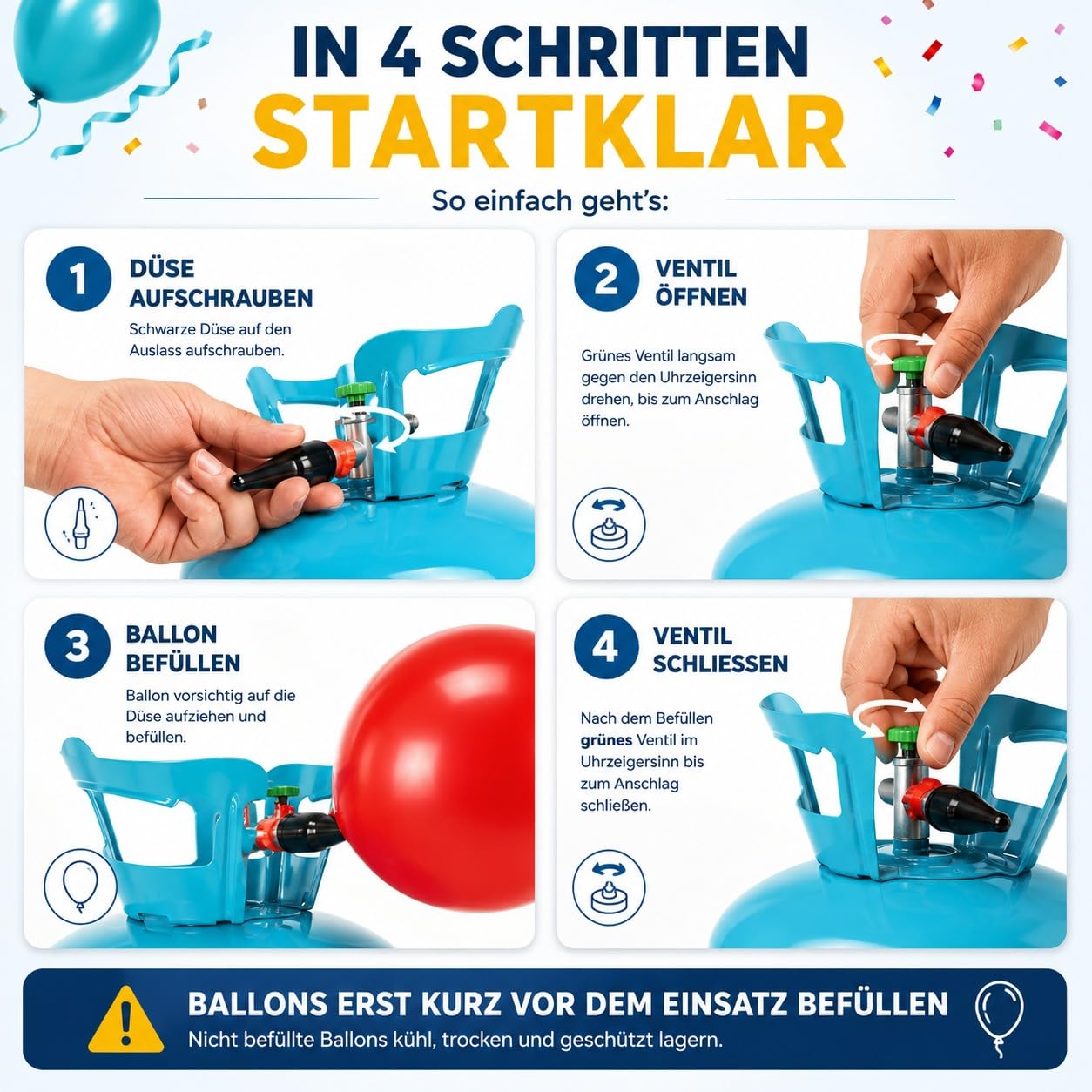 Helium Ballongas für 50 Luftballons – Gasflasche XXL inkl. STAHLMANN Informationsblatt