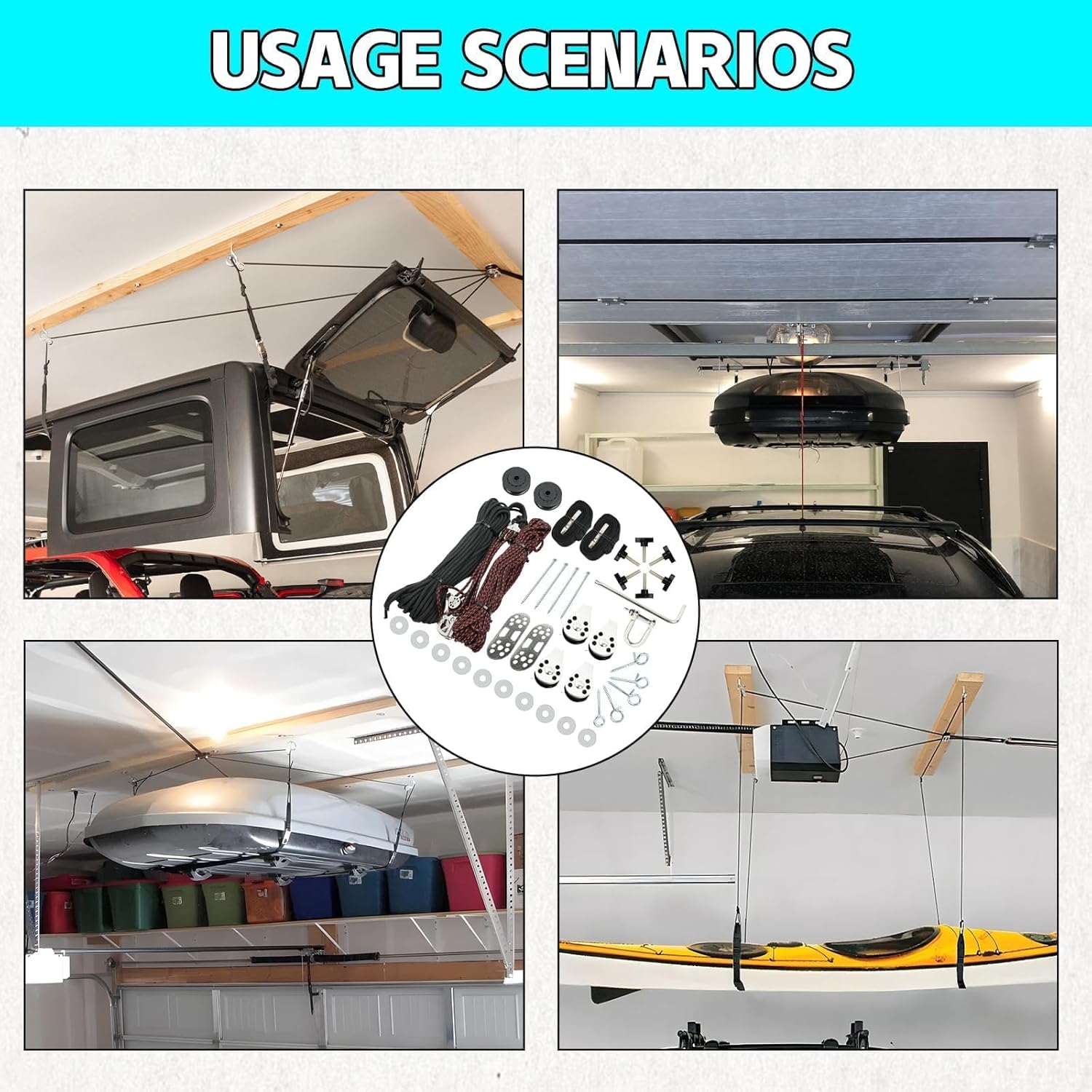 Hard Top Removal Lift for Jeep Wrangler JL JK Models and Ford Hardtop, Easy One-Person Auto Lock Anti-Drop Hoist with Multi-Use Overhead Storage, Supports 8 to16 ft, Ceilings Bonus 6 T Knobs Included