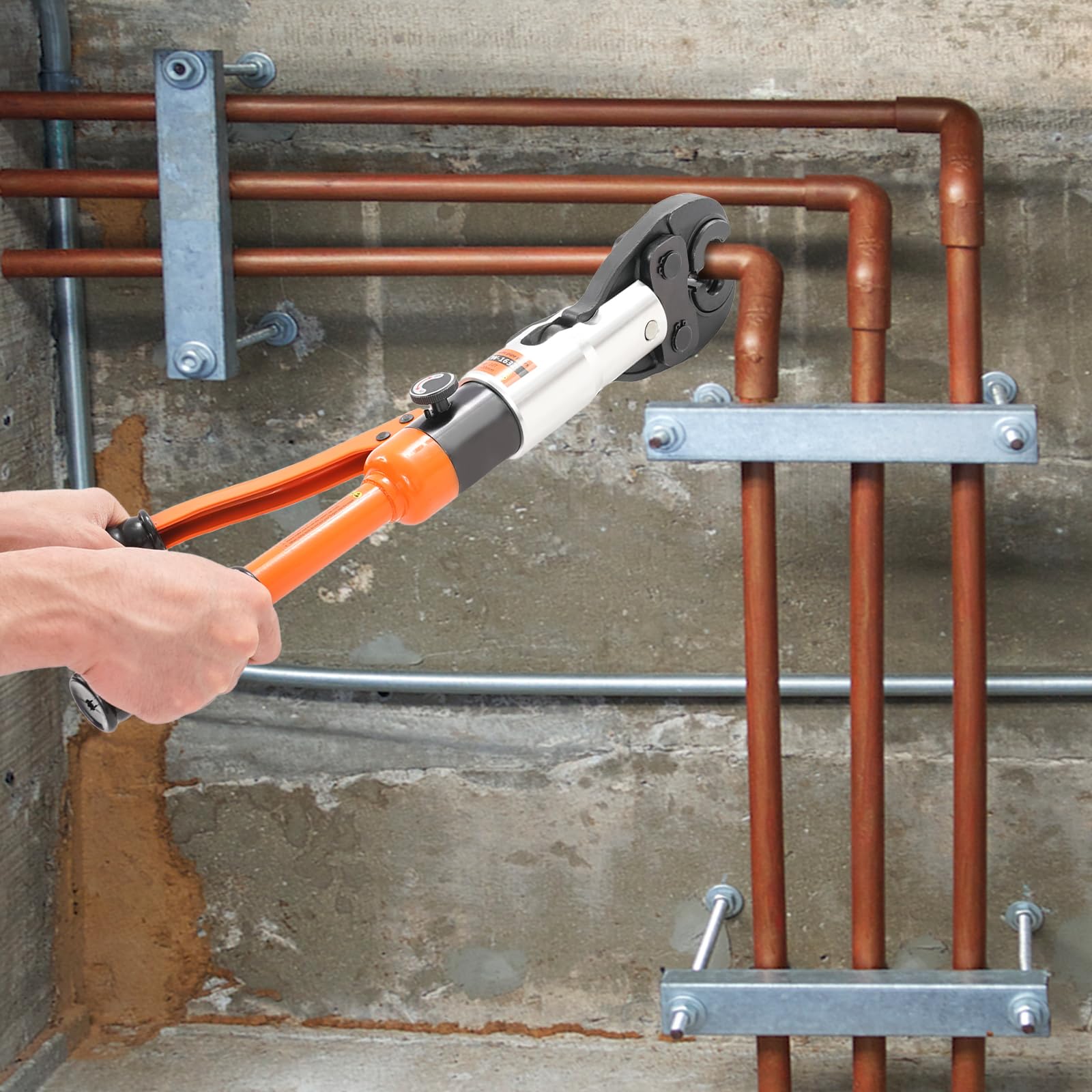 Alicate de prensa profesional con 9 matrices V-12/15/18/22/28 y TH-16/20/26/32, alicate hidráulico de 10T, insertos de mordaza de acero y aluminio para tubos de cobre y multicapa (naranja)