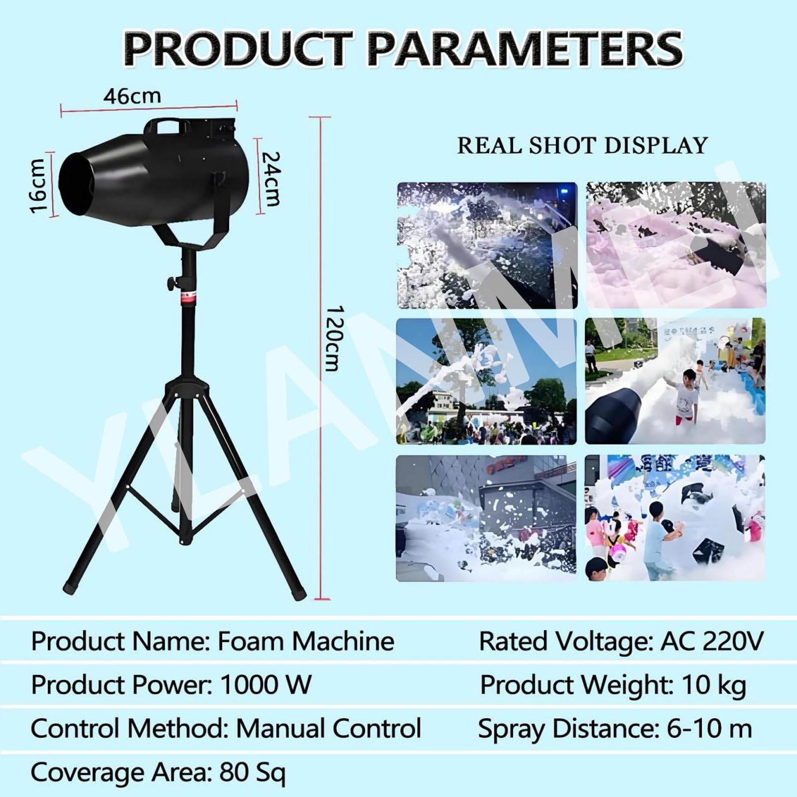 Pistolet pianowy o dużej mocy 1000 W, wydajność produkcji piany 20 m³/min, zasięg 6-10 m, pistolet do baniek mydlanych na letnie imprezy przy basenie, imprezy dla dzieci, efekty sceniczne