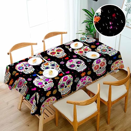 Miniatura 3 de Swono Mantel del Día de los Muertos, Coloridas Calaveras Mexicanas de Azúcar de 50 x 72 pulgadas, mantel para mesas rectangulares, bufé, fiestas,