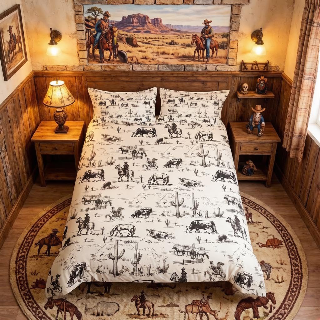 Loussiesd Western Cowboy Bedding Set King Western Farmhouse Duvet Cover Set for Kids Boys Cattle Horse Breathable Microfiber Bedding Natural Pastoral Decor
