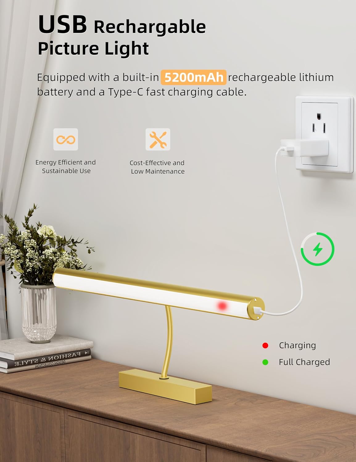 VOLISUN 16 inch Picture Lights for Wall, Rechargable Picture Light Battery Operated, 3 Color Temperatures Cordless Picture Light with Remote, Art Light for Paintings, Gallery, Portrait, 1 Pack (Gold)